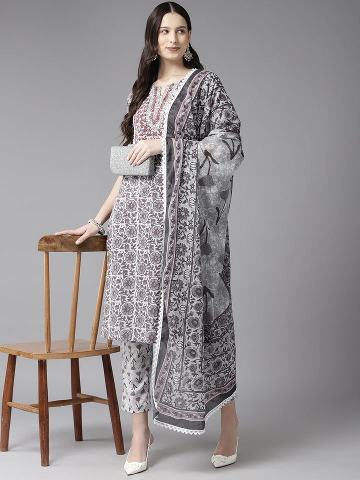 Grey Embroiderd Floral Printed Cotton Suit Set