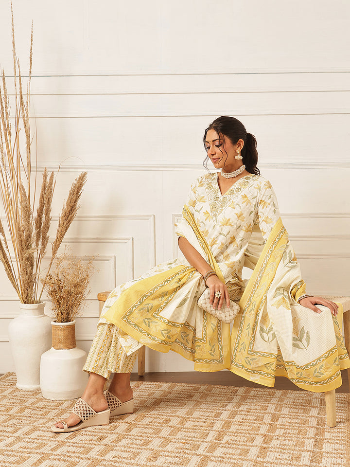 Yellow Embroidered Cotton Kurta Set