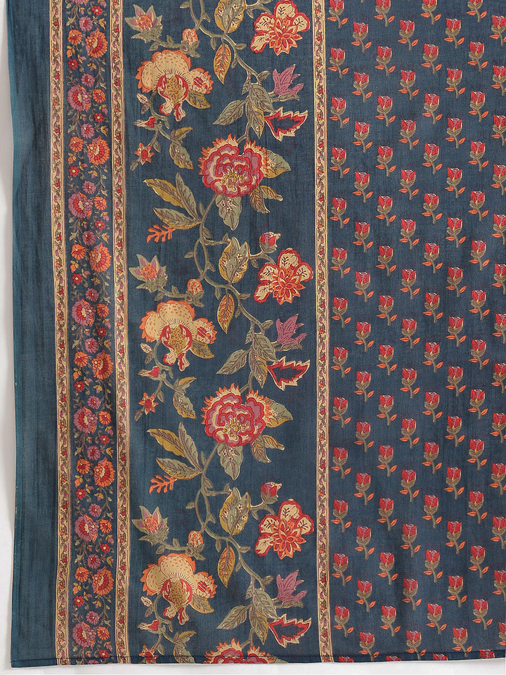Navy Embroidered Floral Printed Cotton Suit Set