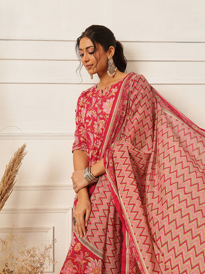 Pink Floral Printed Printed Suit Set