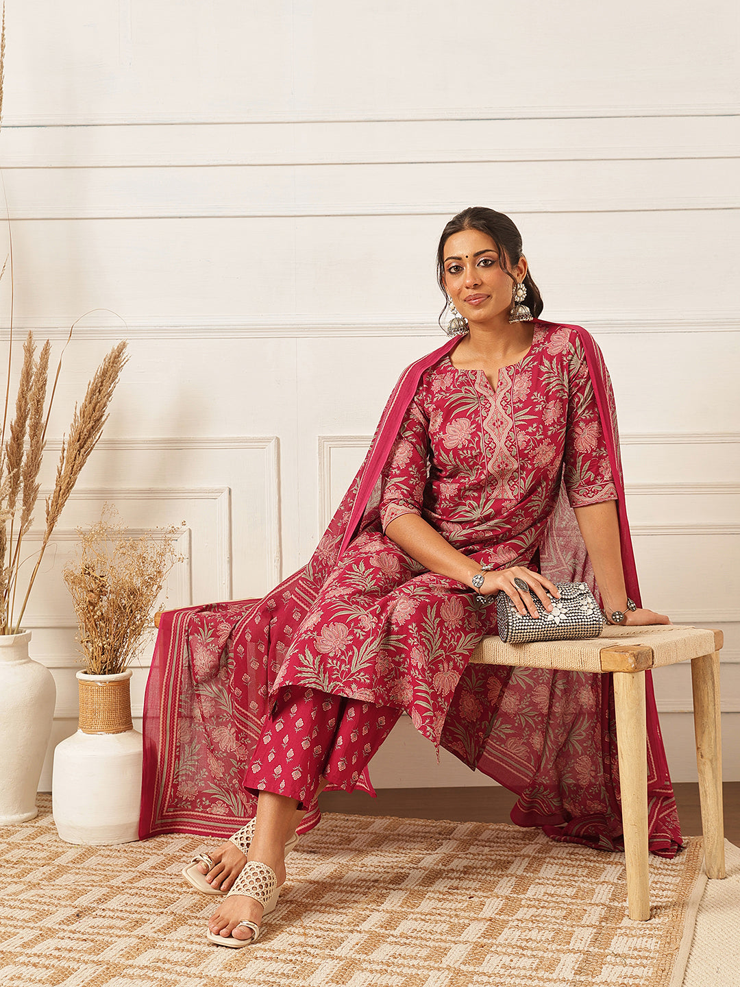 Pink V Neck Printed Cotton Suit Set