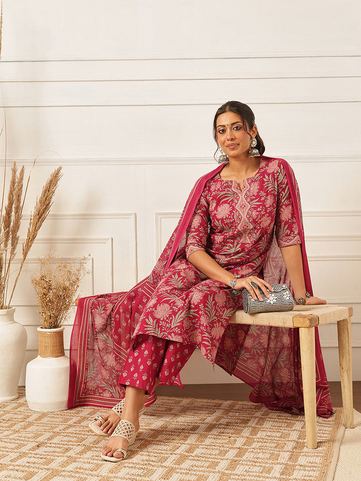 Pink V Neck Printed Cotton Suit Set