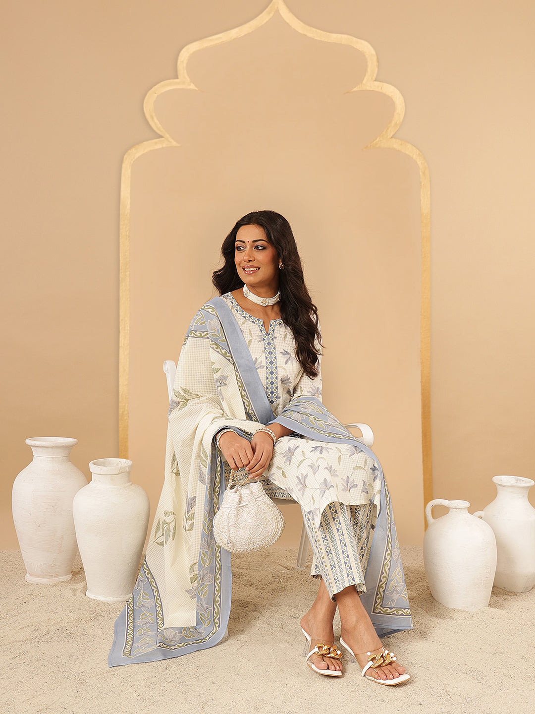 Blue Floral Printed Cotton Suit Set