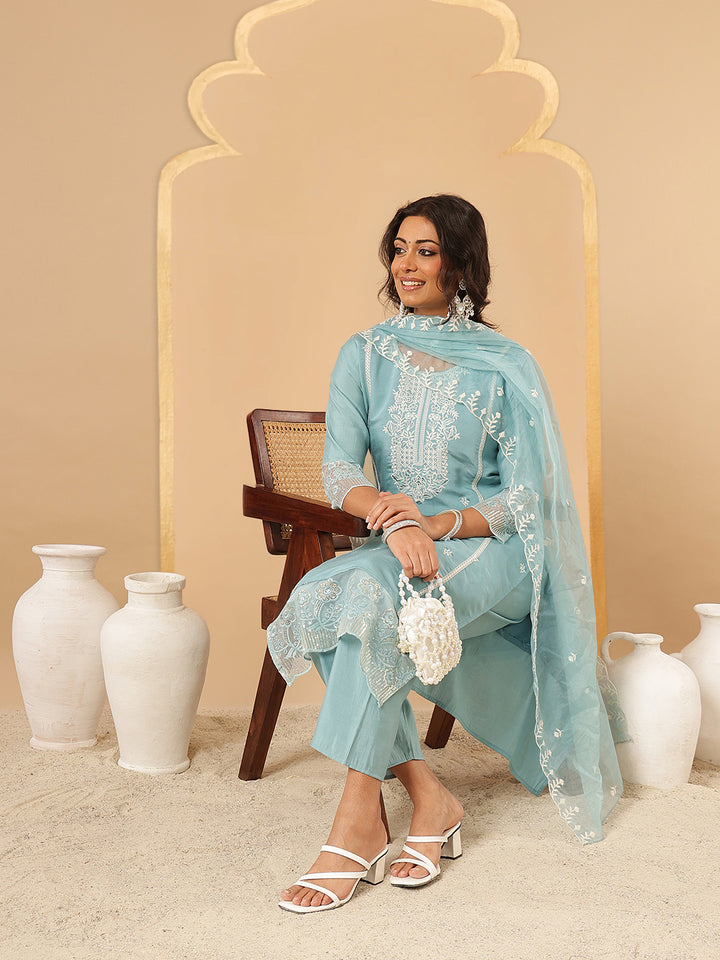 Blue Embroidered Silk Suit Set