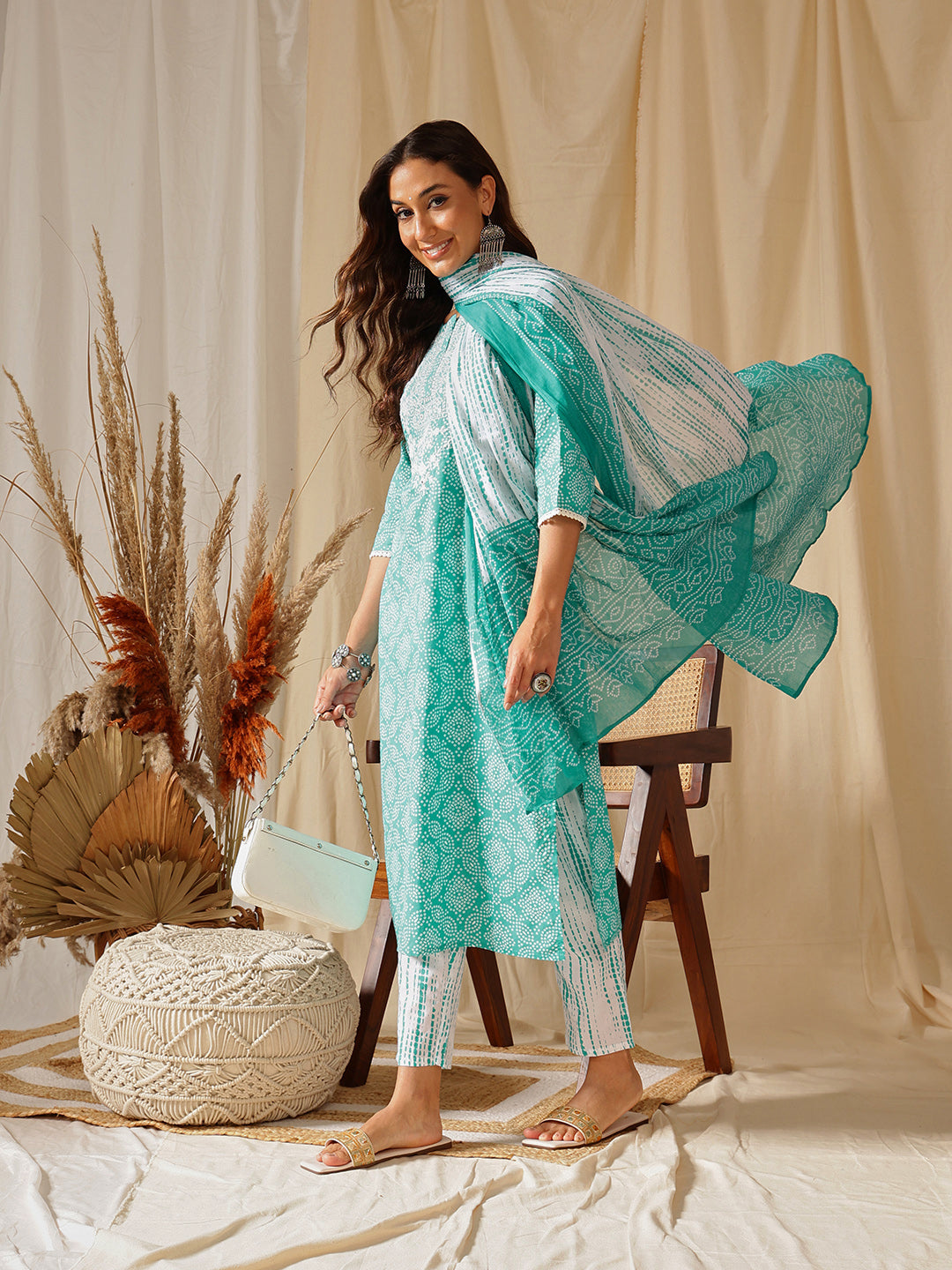 Blue Embroidered Bandhni Printed Cotton Suit Set