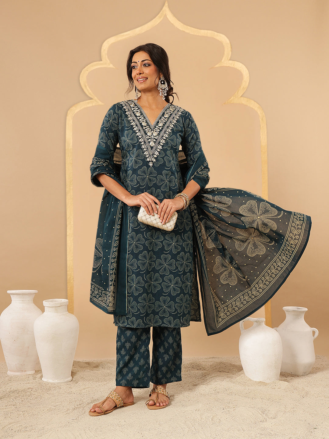 Teal Embroidered Cotton Suit Set