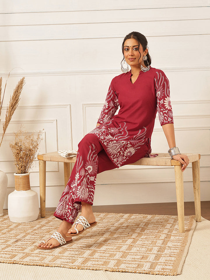 Floral Crest Cotton Co-Ord Set: Cherry Wine