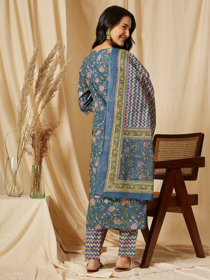 Blue Printed Straight Cotton Suit Set