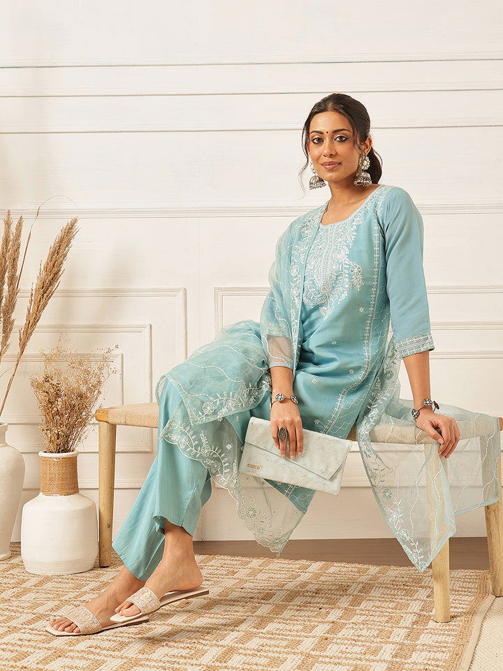 Embroidered Silk Blend Suit Set