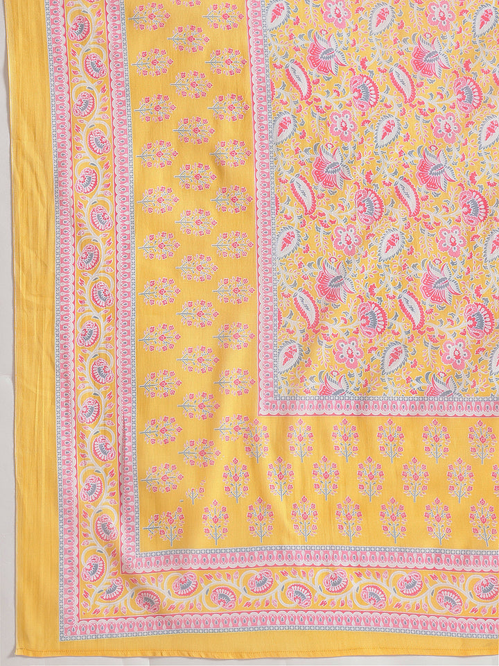 Yellow Embroidered Floral Printed Cotton Suit Set