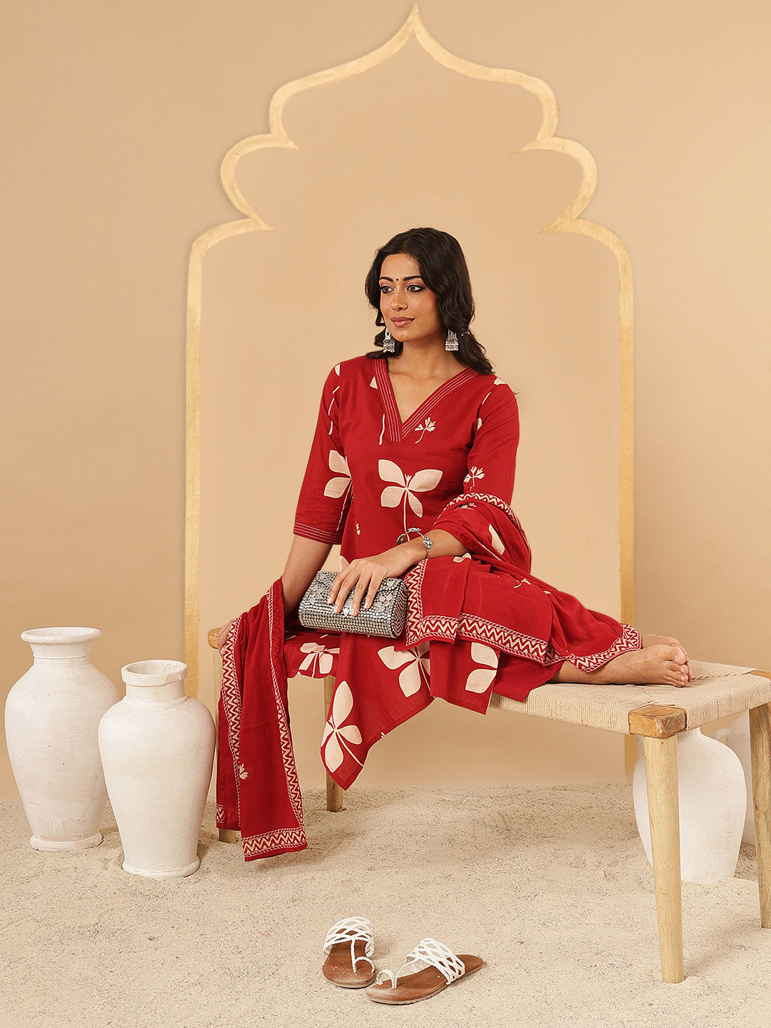 Red Printed Cotton Suit Set