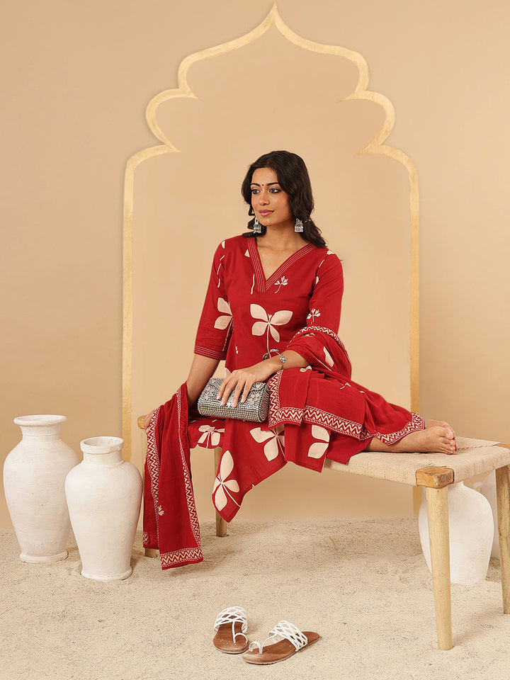 Red Printed Cotton Suit Set