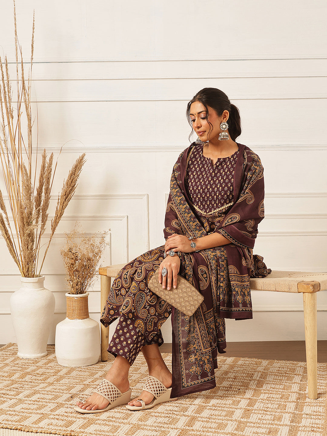 Purple Floral Printed Cotton Suit Set