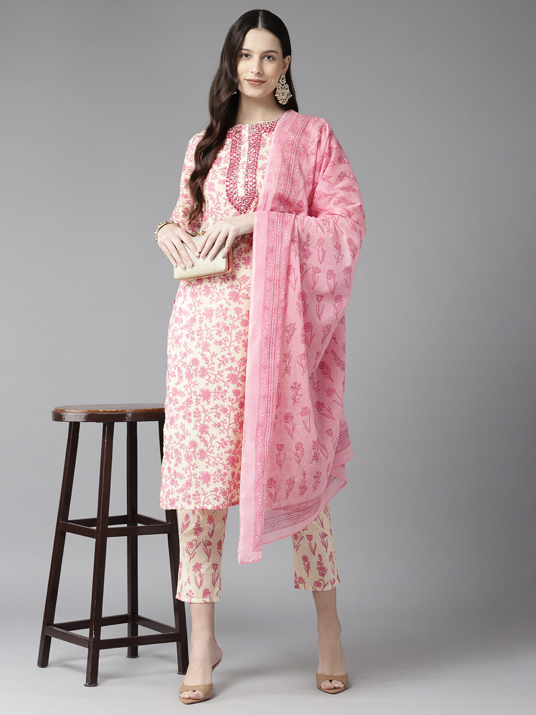 Yellow and Pink Mirror Embroidered Floral Cotton Suit Set