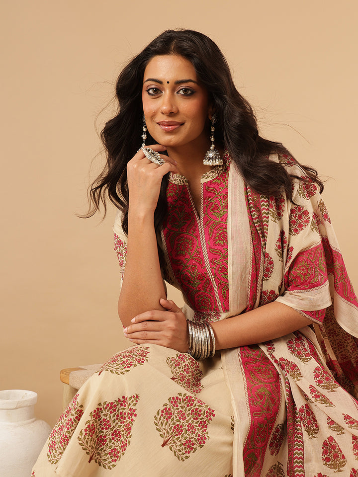 Magenta Floral Printed Cotton Suit Set