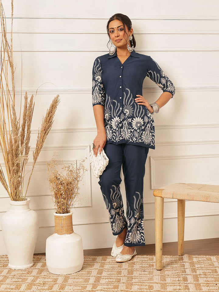 Floral Crest Cotton Co-Ord Set: Dark Sapphire