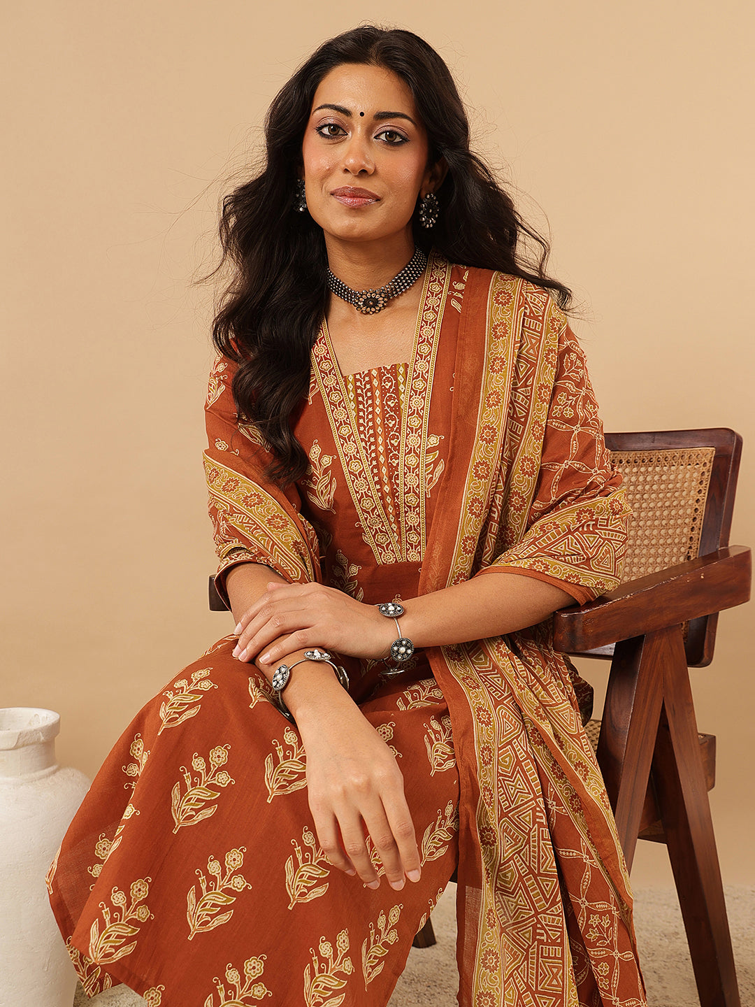 Beige and Orange Ethnic Motifs Printed Cotton Suit Set