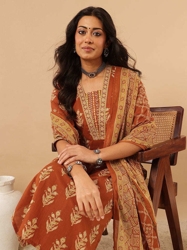 Beige and Orange Ethnic Motifs Printed Cotton Suit Set