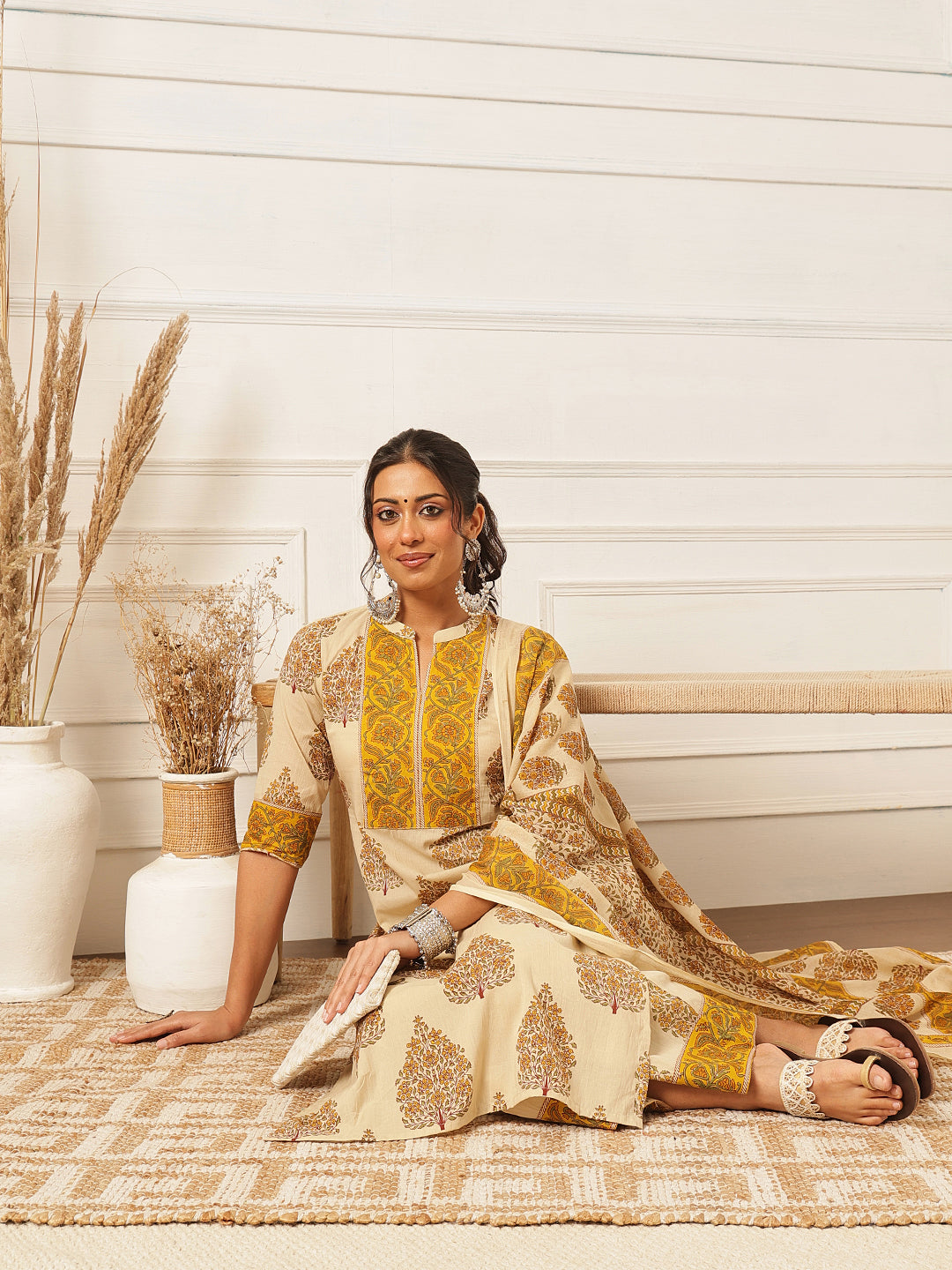 Mustard Floral Printed Cotton Suit Set