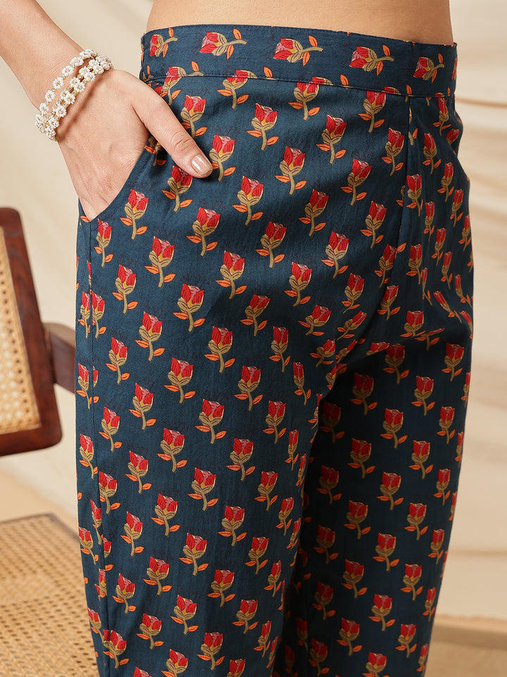 Navy Embroidered Floral Printed Cotton Suit Set