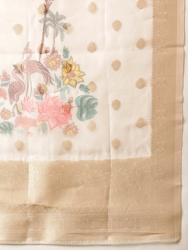 Beige Floral Printed Organza Suit Set