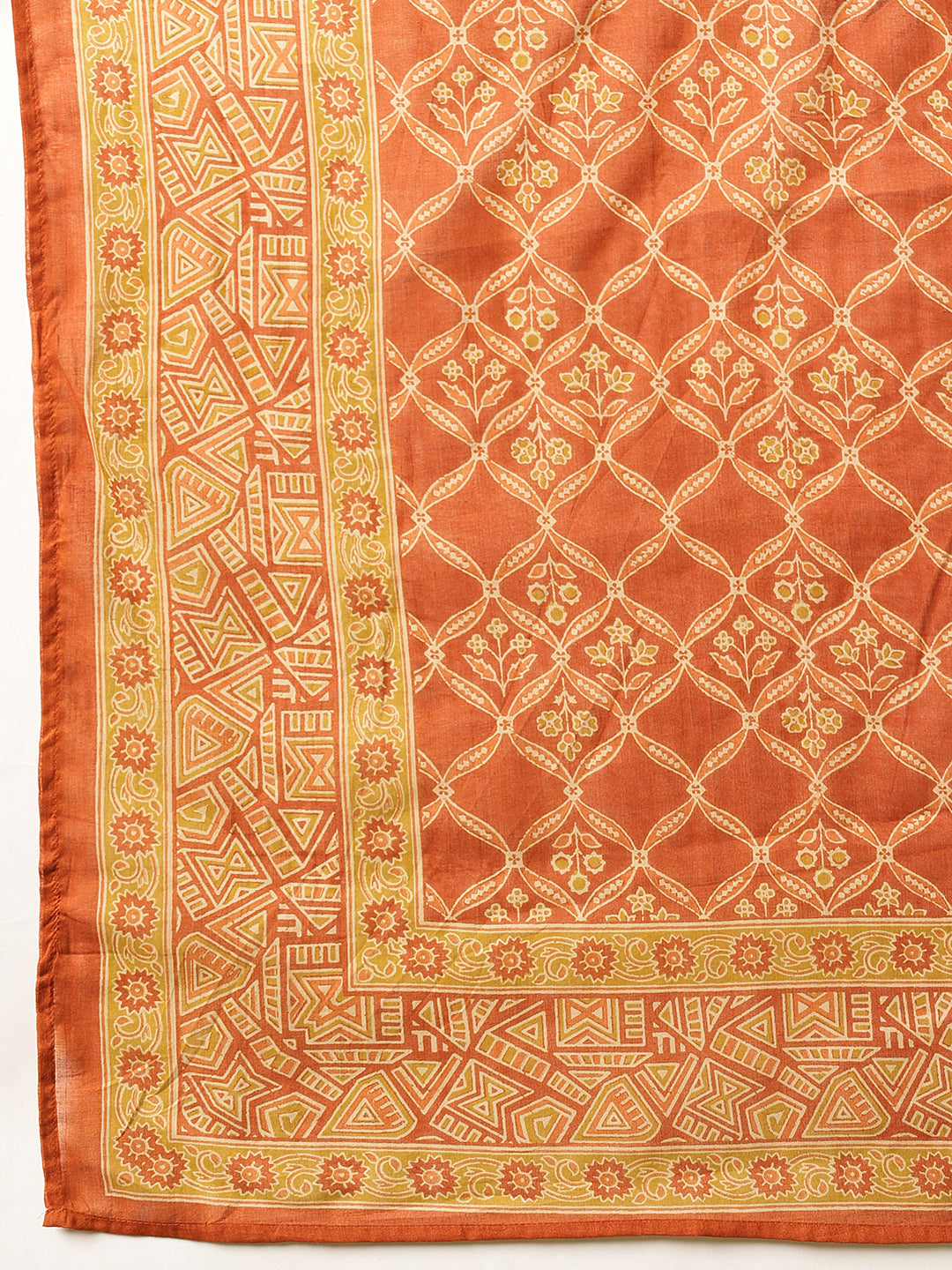 Beige and Orange Ethnic Motifs Printed Cotton Suit Set