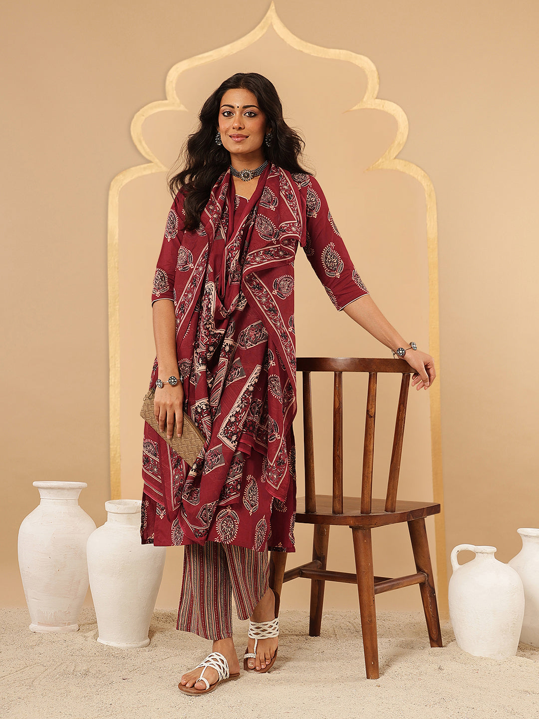 Maroon Ethnic Printed Cotton Suit Set