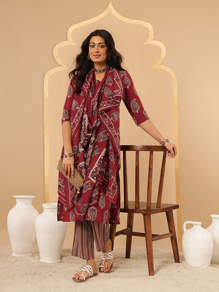 Maroon Ethnic Printed Cotton Suit Set