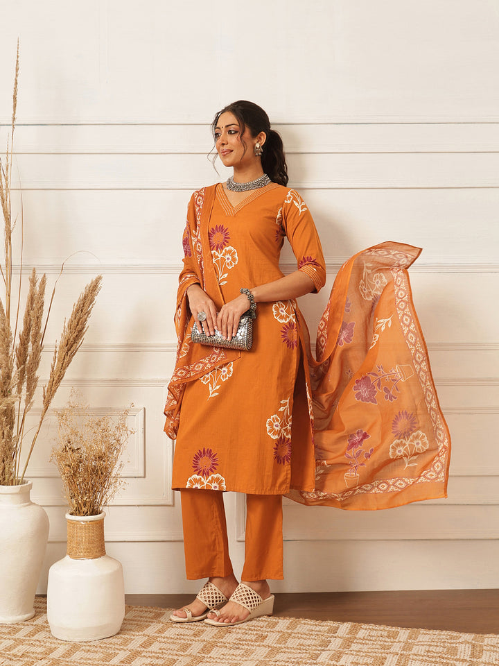 Rust Floral Printed Kurta Set