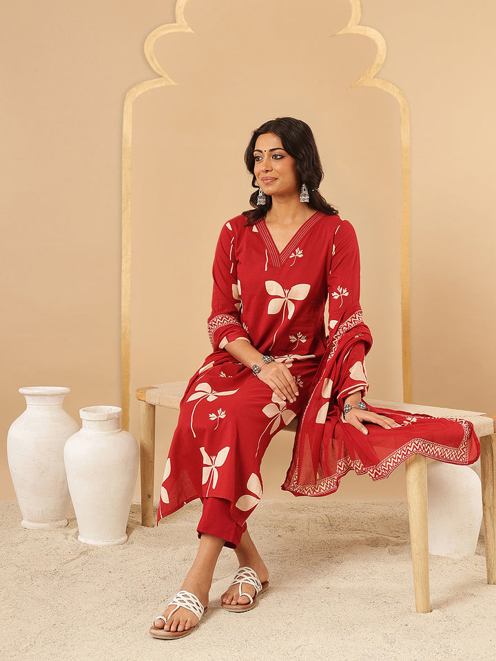 Red Printed Cotton Suit Set