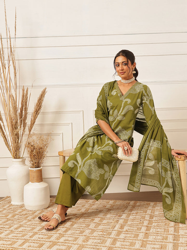 Green Embroidered V Neck Suit Set
