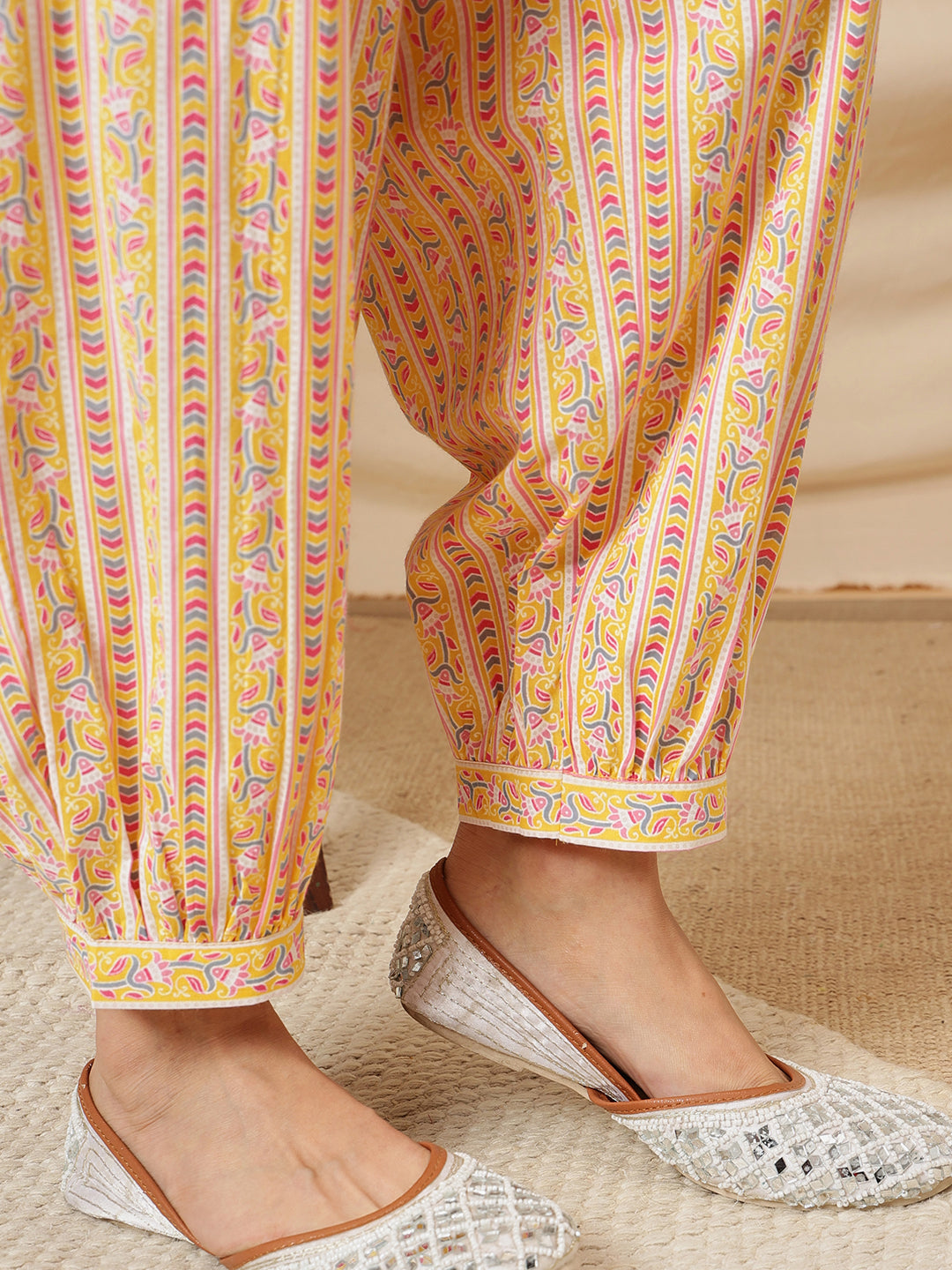 Yellow Embroidered Floral Printed Cotton Suit Set
