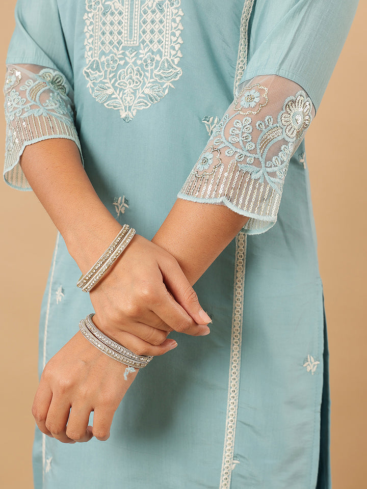 Blue Embroidered Silk Suit Set