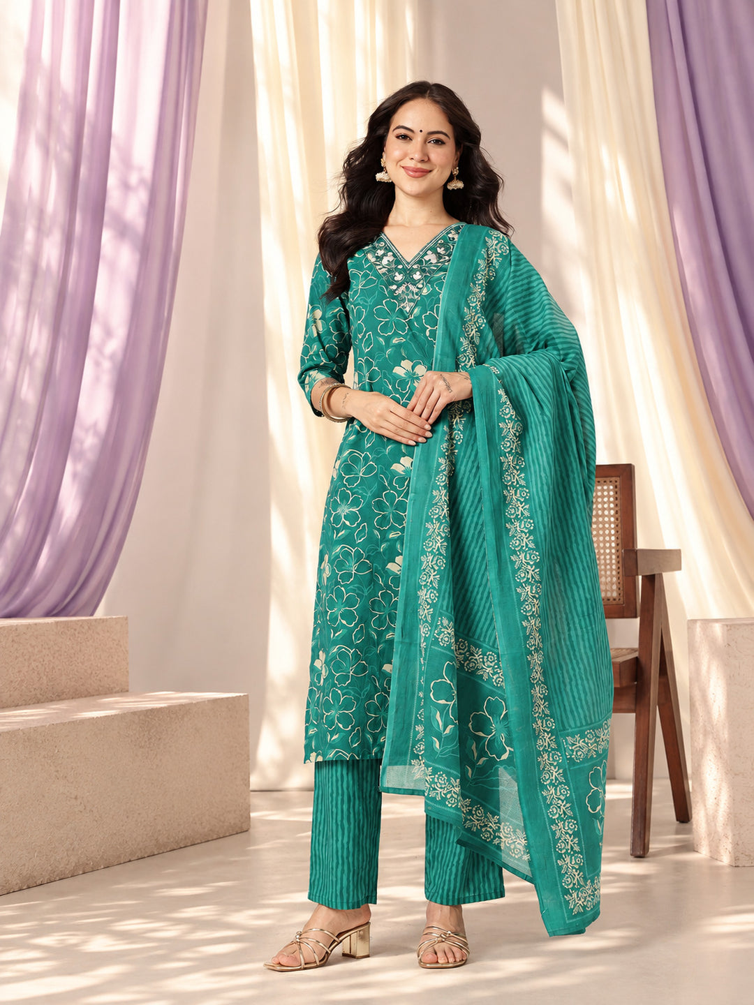 Rama Green Embroidered Pure Cotton Suit Set