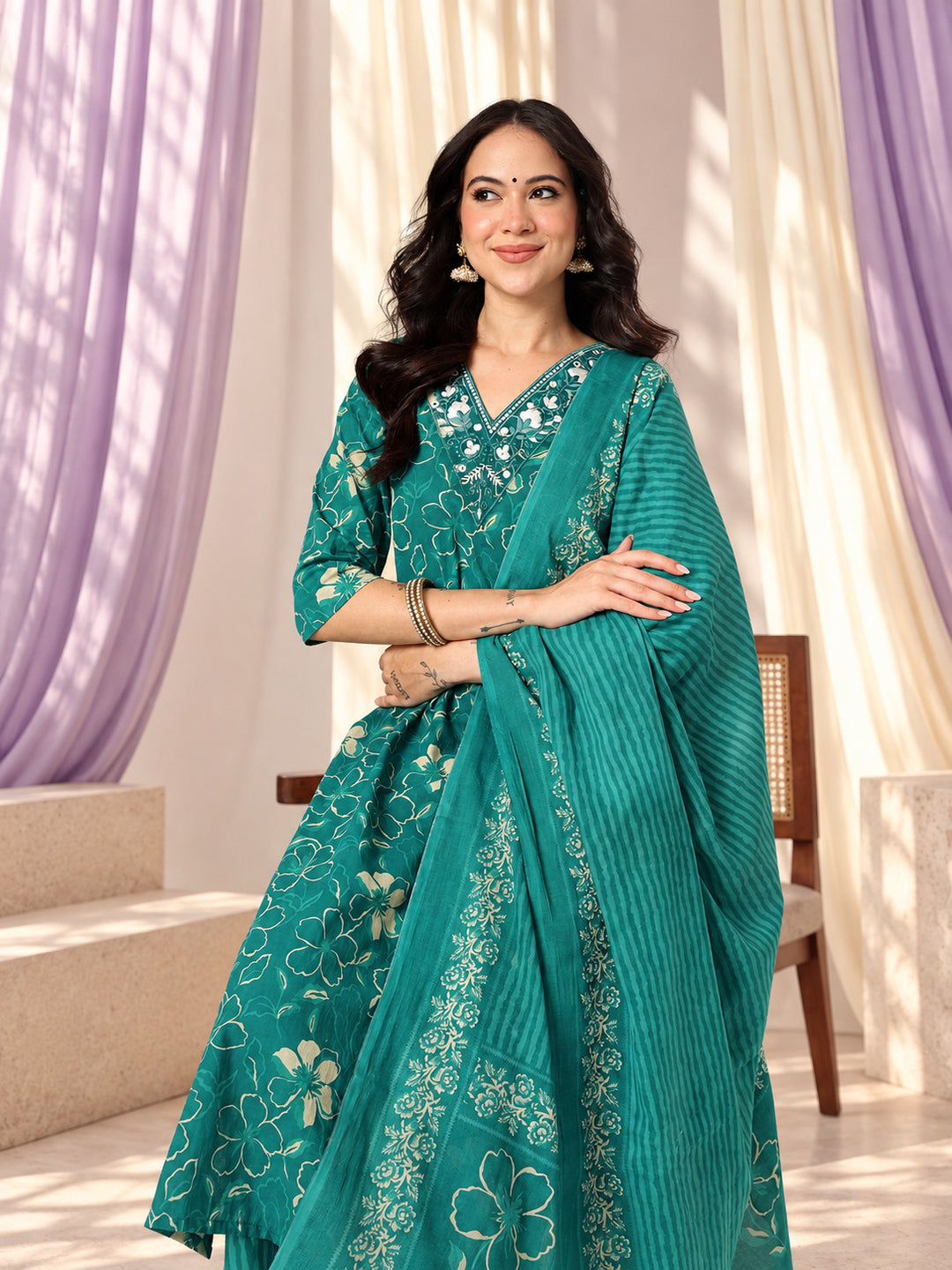 Rama Green Embroidered Pure Cotton Suit Set