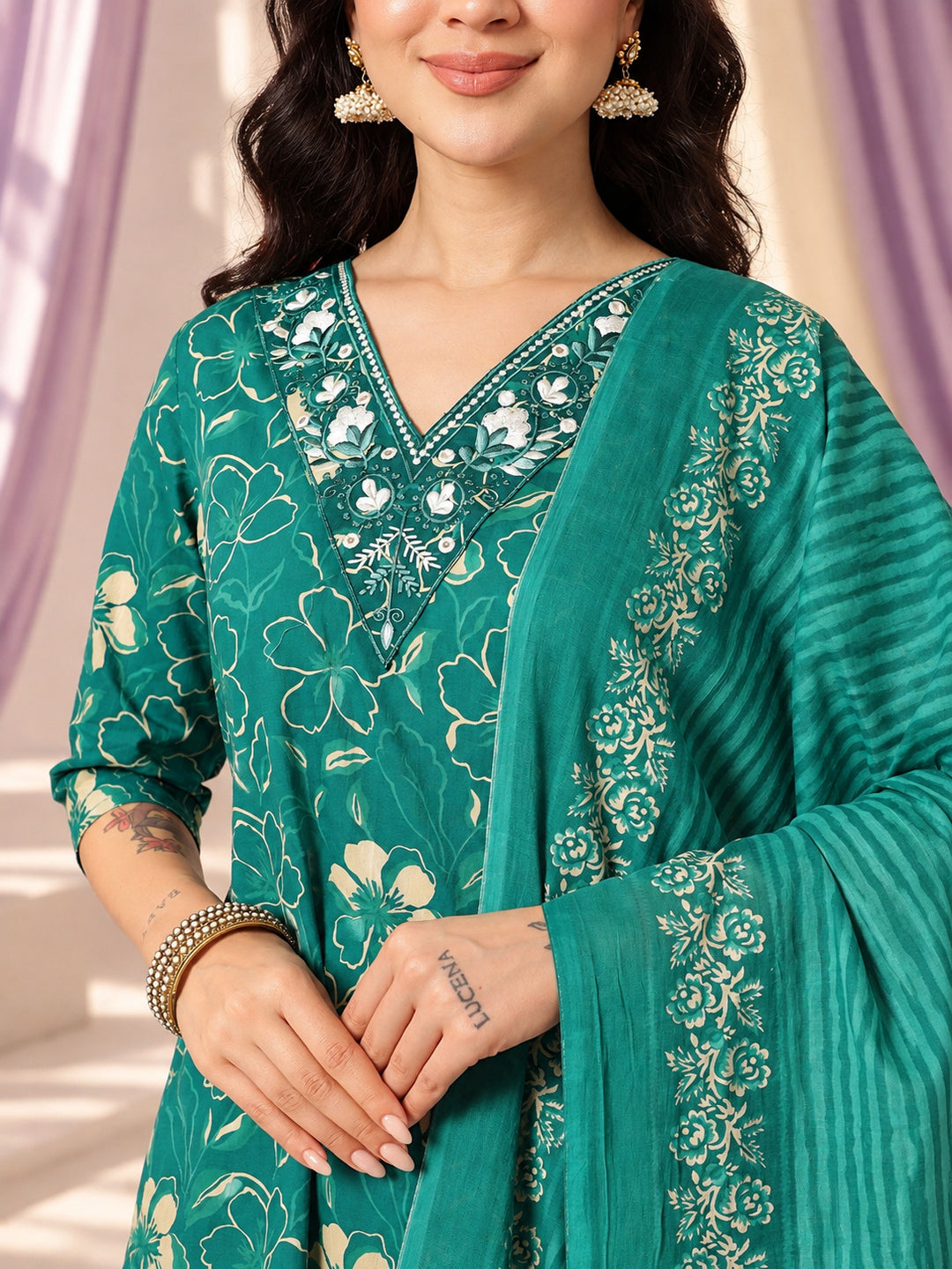Rama Green Embroidered Pure Cotton Suit Set