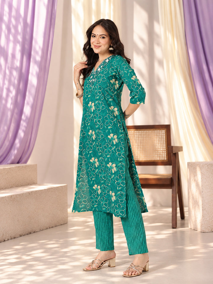 Rama Green Embroidered Pure Cotton Suit Set