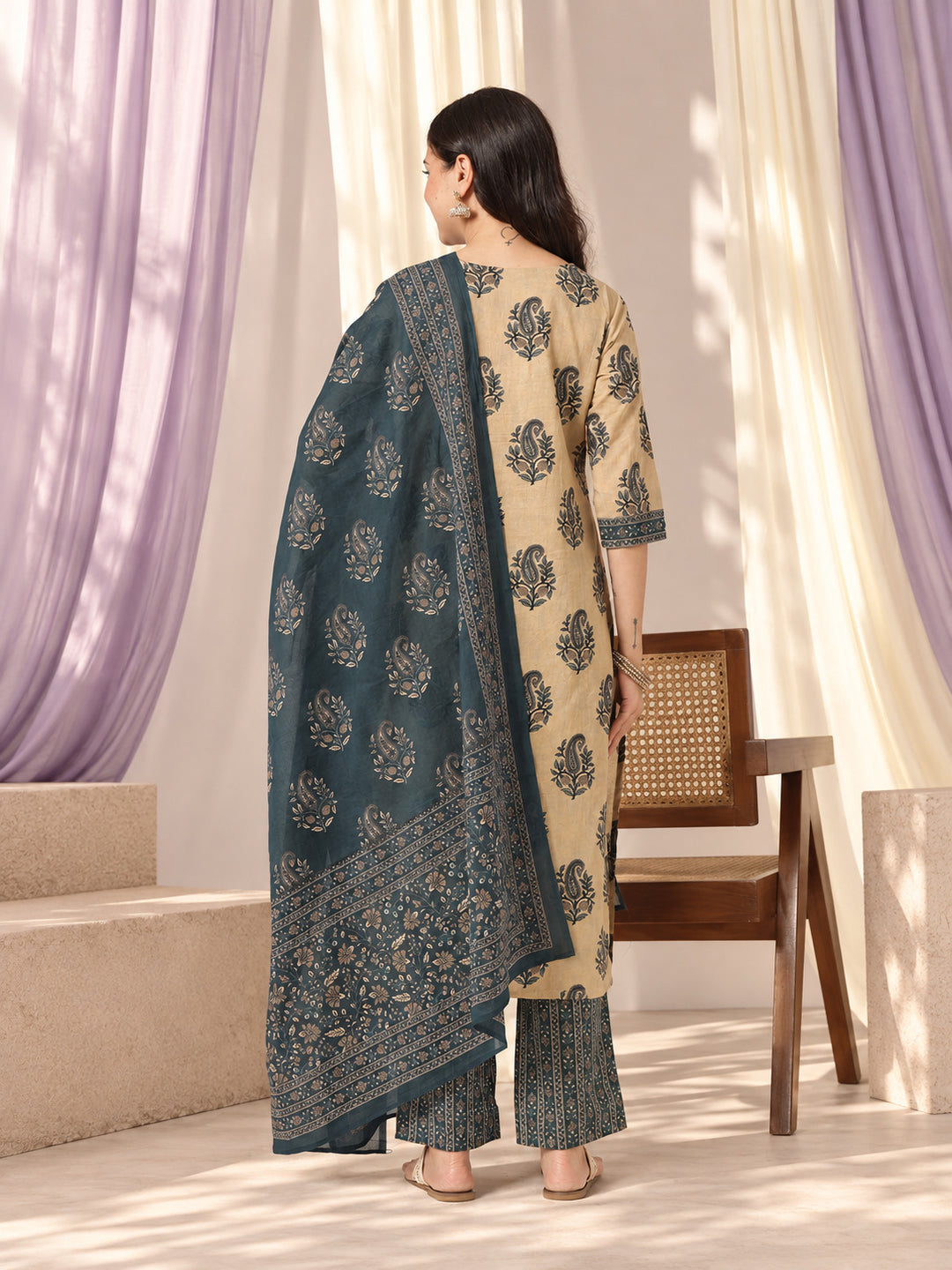 Off White Floral Printed Pure Cotton Suit Set