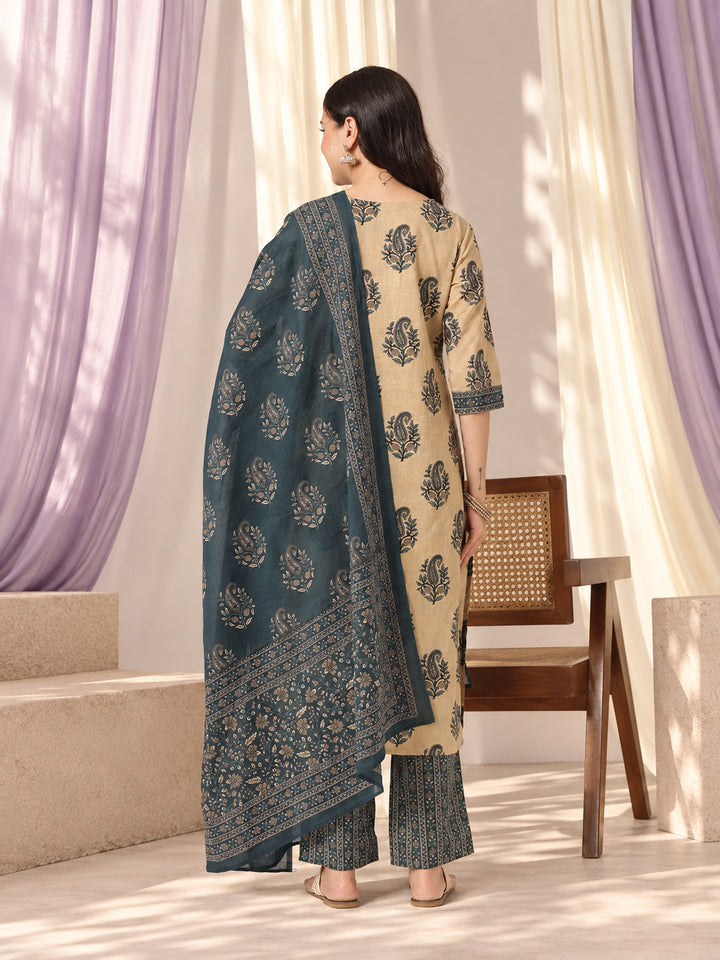 Off White Floral Printed Pure Cotton Suit Set