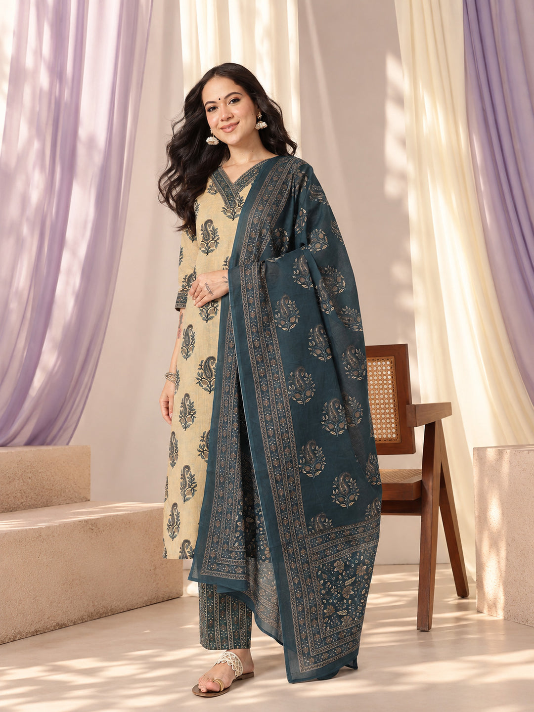 Off White Floral Printed Pure Cotton Suit Set