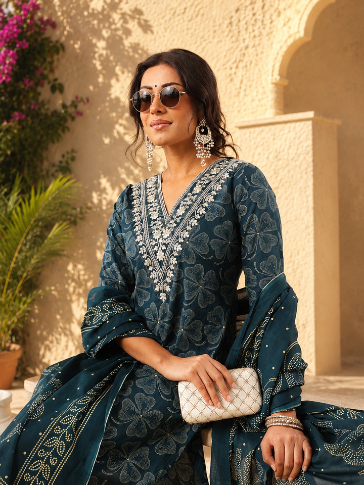 Teal Embroidered Cotton Suit Set