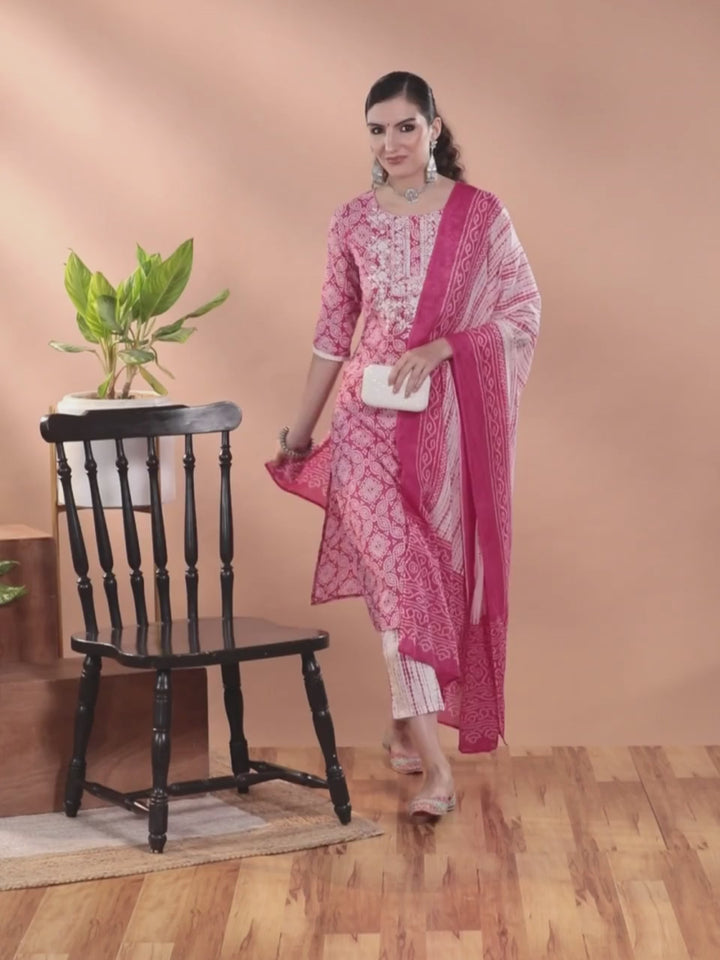 Pink Embroidered Bandhni Printed Cotton Suit Set