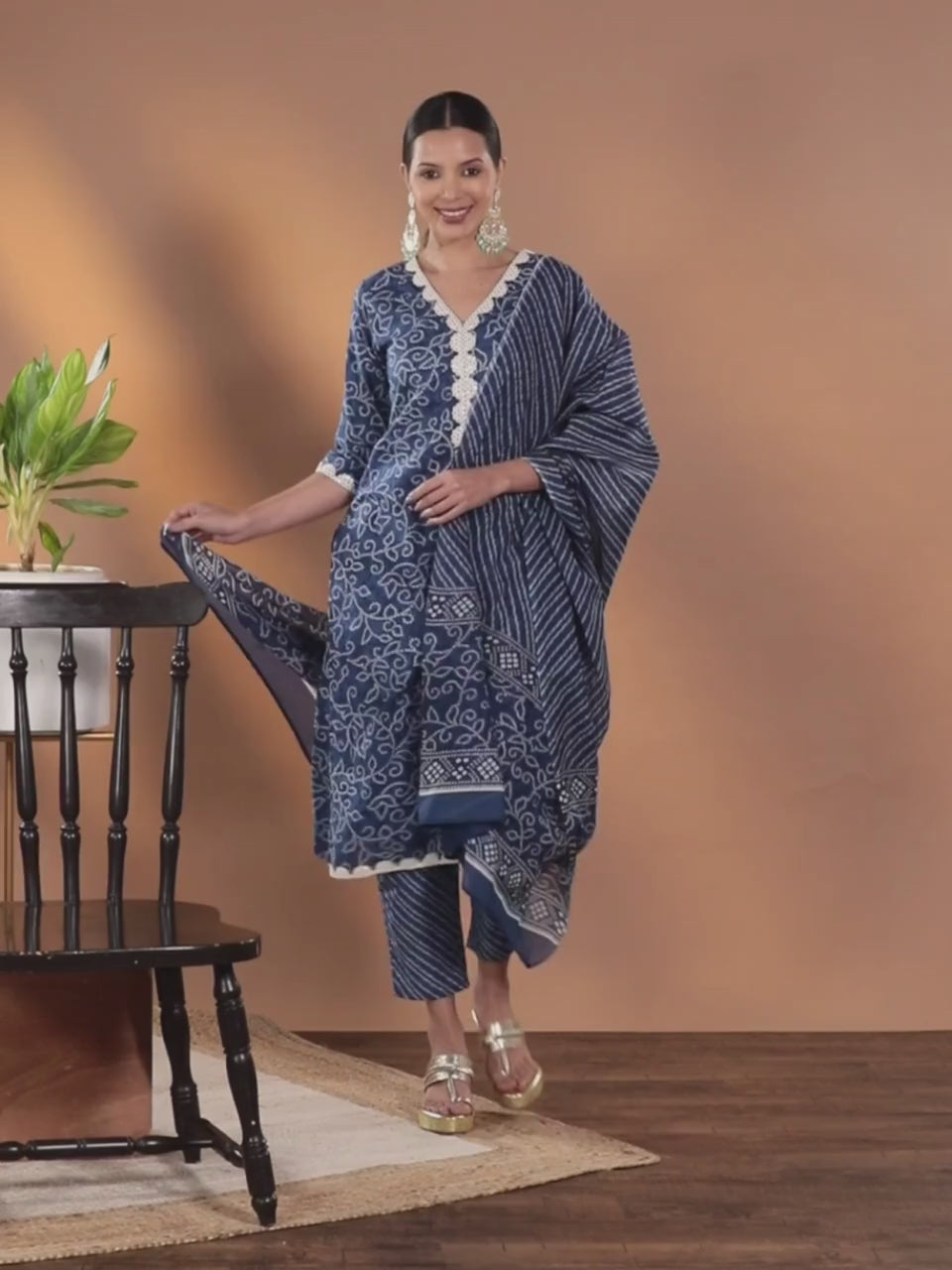 Navy Blue Mirror Work Bandhni Printed Cotton Suit Set