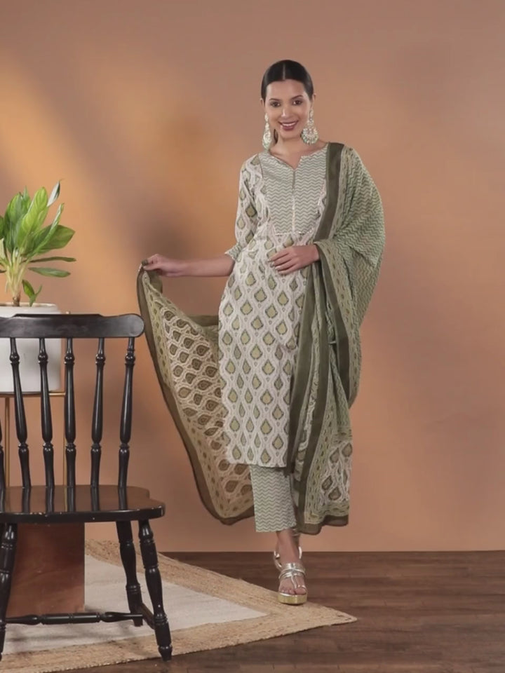 Off White Ethnic Motif Printed Cotton Suit Set