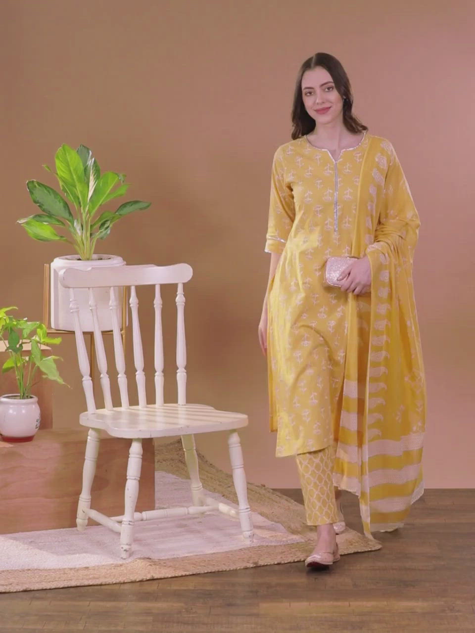 Yellow Silver Printed Cotton Suit Set