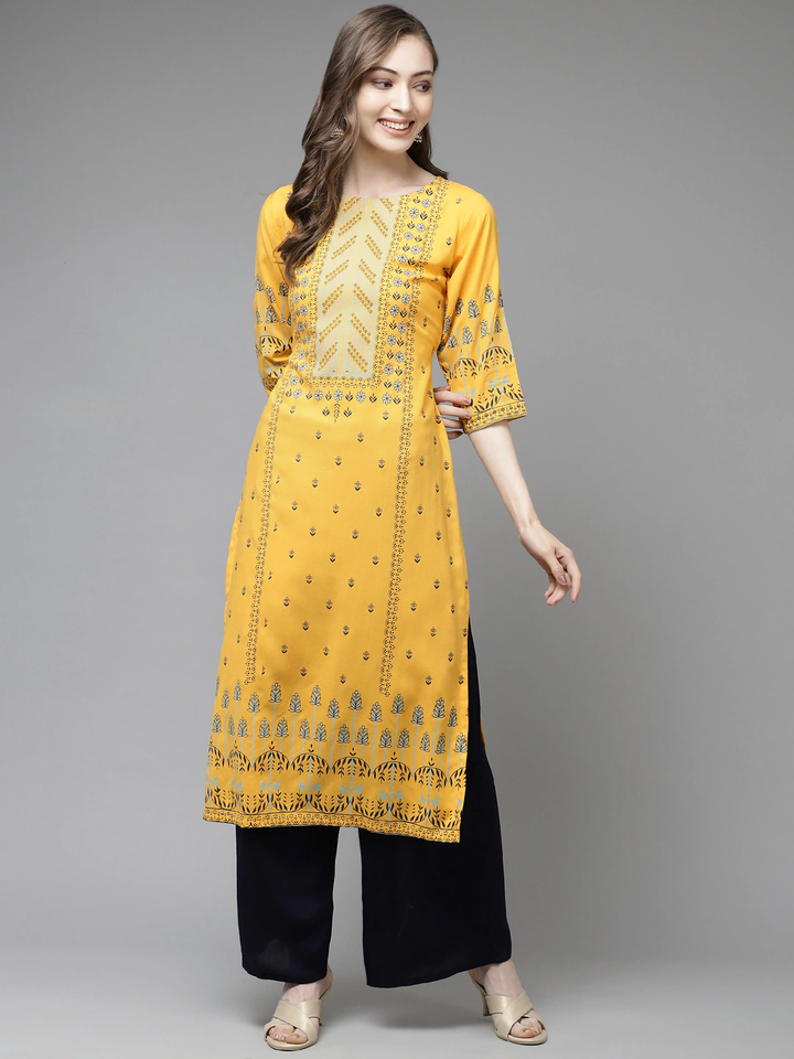 Yellow Hand Printed Rayon Kurta