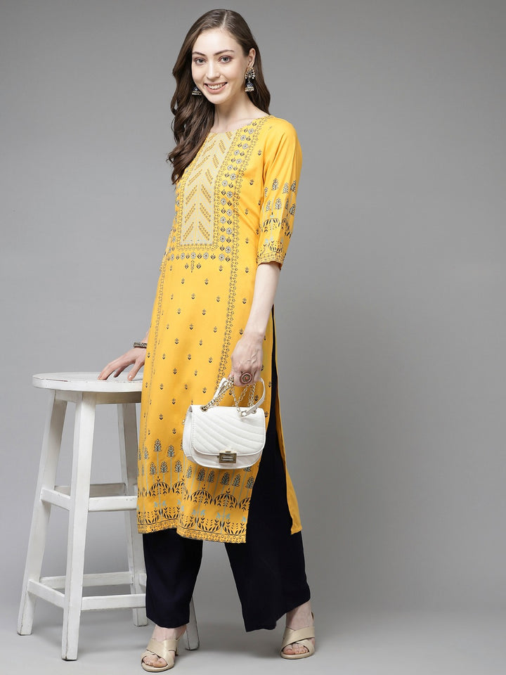 Yellow Hand Printed Rayon Kurta