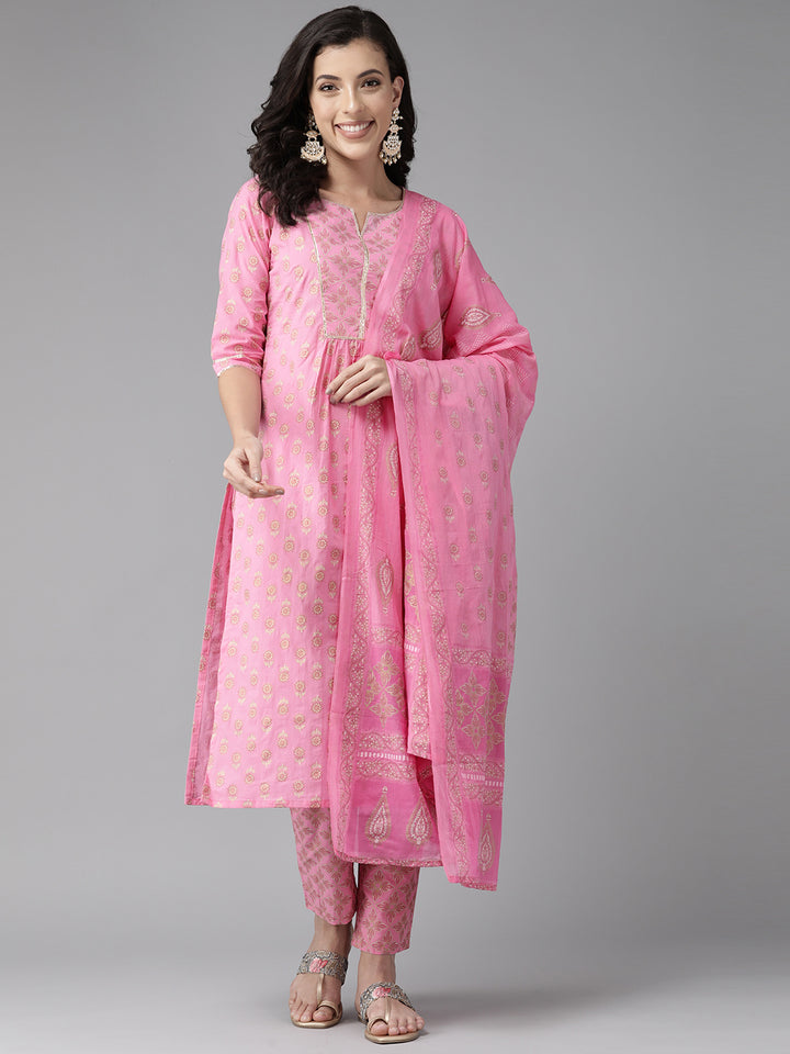 Pink Printed Gotta Patti Cotton Suit Set