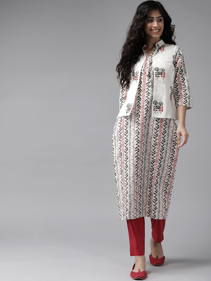 Off White Cotton Printed Kurta With Jacket