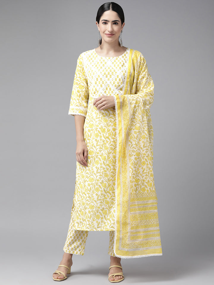 Yellow Floral Printed Cotton Suit Set